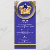 Gold & Royal Blue Crown verjaardagsfeestje Menu Ka (Voorkant)