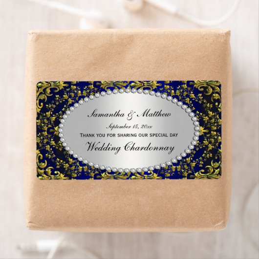  Gold & Royal Blue Damask Pearl Wine Label (Insitu)