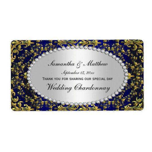  Gold & Royal Blue Damask Pearl Wine Label (Voorkant)