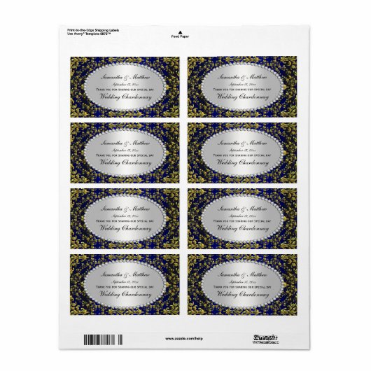  Gold & Royal Blue Damask Pearl Wine Label (Full Sheet)