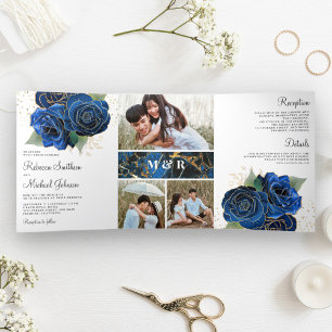 Gold Royal Blue Floral Photo Collage Wedding Drieluik Uitnodiging