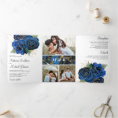 Gold Royal Blue Floral Photo Collage Wedding Drieluik Uitnodiging (Binnen)