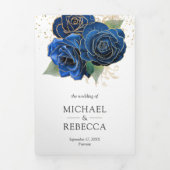 Gold Royal Blue Floral Photo Collage Wedding Drieluik Uitnodiging (Cover)