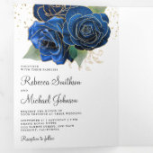 Gold Royal Blue Floral Photo Collage Wedding Drieluik Uitnodiging (Binnenzijde eerst)