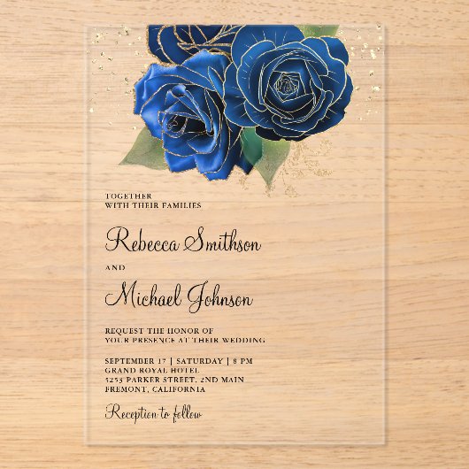 Gold Royal Blue Floral Wedding Acryl Uitnodigingen (Voorkant)