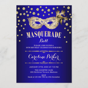 Gold Royal Blue Masquerade Ball Birthday Party Kaart