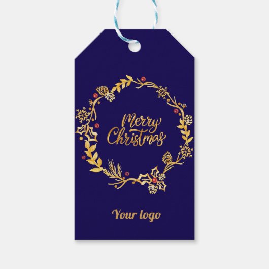 Gold & Royal blue MerryChristmas relatiegeschenk l Cadeaulabel (Voorkant)