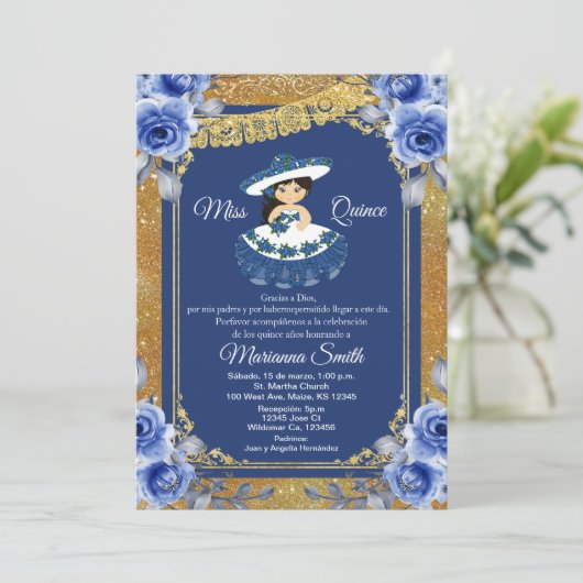 Gold Royal Blue Rozen Quinceañera  Kaart (Staand voorkant)