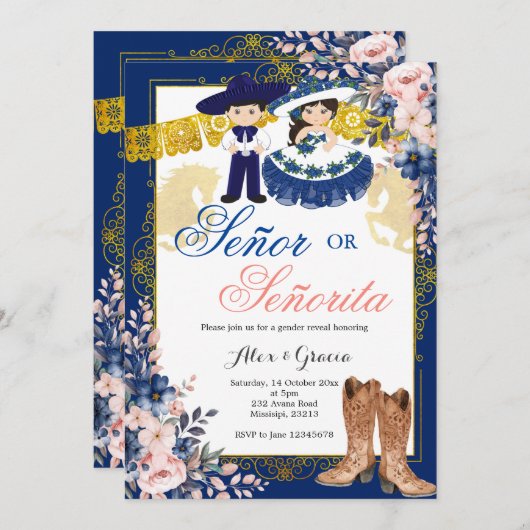 Gold Royal Blue Senor of Senorita Genderonthulling Kaart (Voorkant / Achterkant)