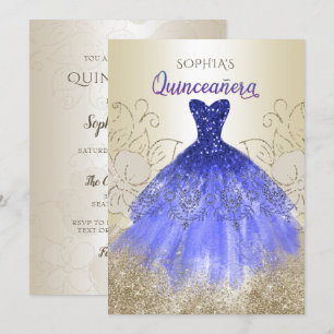 Gold Royal Blue Sparkle Dress Quinceañera Kaart