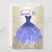 Gold Royal Blue Sparkle Dress Sweet 16 Kaart (Voorkant)