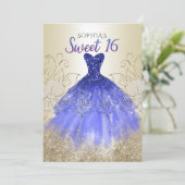 Gold Royal Blue Sparkle Dress Sweet 16 Kaart (Staand voorkant)