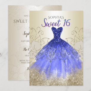 Gold Royal Blue Sparkle Dress Sweet 16 Kaart