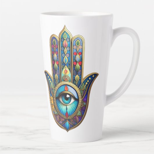Gold Royal Blue w/ Turquoise Third Eye Hamsa Latte Mok (Rechts)