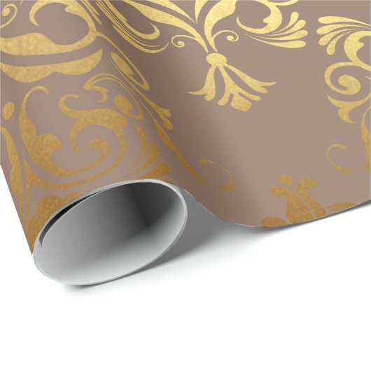Gold Royal Damask Floral Ivory Beige Heraldic Cadeaupapier (Rol Hoek)