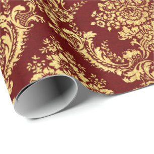 Gold Royal Damask Floral Maroon Burgundy Red Lux Cadeaupapier