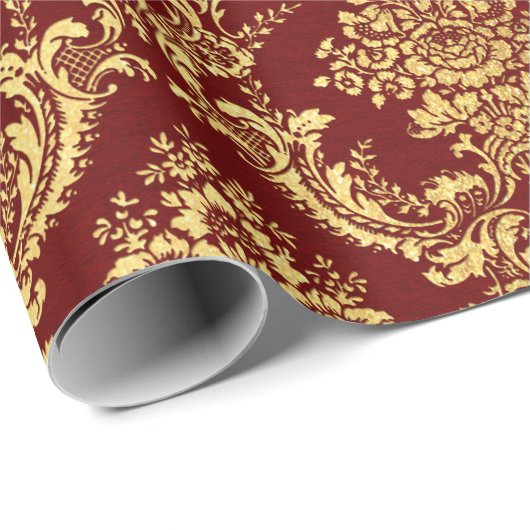 Gold Royal Damask Floral Maroon Burgundy Red Lux Cadeaupapier (Rol Hoek)