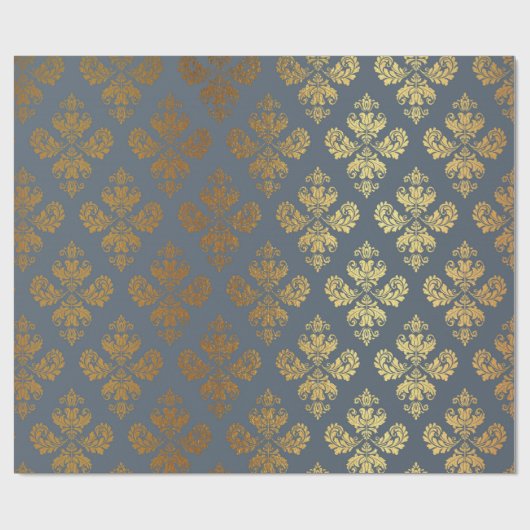Gold Royal Damask Floral Ornament Blue Grey Baroqu Cadeaupapier (Vlak)