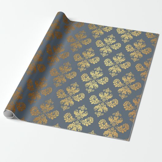 Gold Royal Damask Floral Ornament Blue Grey Baroqu Cadeaupapier (Uitgerold)