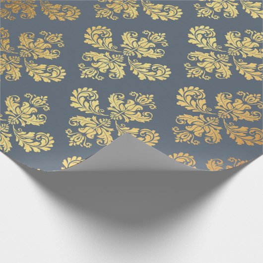 Gold Royal Damask Floral Ornament Blue Grey Baroqu Cadeaupapier (Hoek)