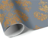 Gold Royal Damask Floral Ornament Blue Grey Baroqu Cadeaupapier (Rol Hoek)