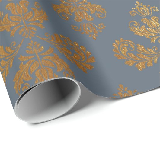 Gold Royal Damask Floral Ornament Blue Grey Baroqu Cadeaupapier (Rol Hoek)