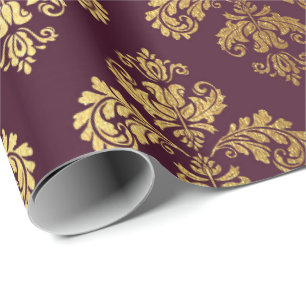 Gold Royal Damask Floral Ornament Burgundy Baroque Cadeaupapier