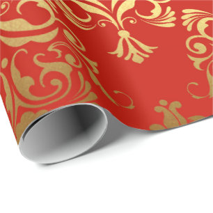 Gold Royal Damask Floral Ornament Red Antonietta Cadeaupapier