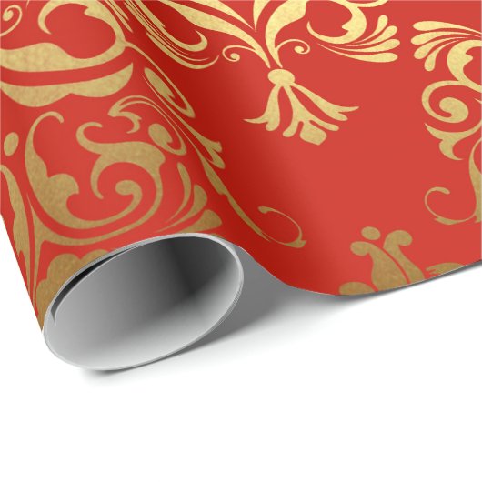 Gold Royal Damask Floral Ornament Red Antonietta Cadeaupapier (Rol Hoek)