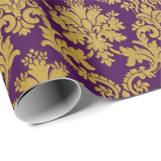 Gold Royal Damask Floral Paars Plum Baroque Cadeaupapier (Rol Hoek)