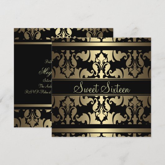 Gold Royal Damask Sweet16 Birthday Invite Kaart (Voorkant / Achterkant)