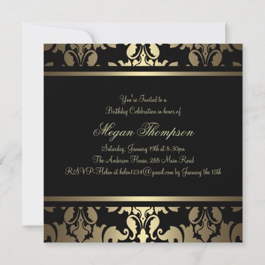 Gold Royal Damask Sweet16 Birthday Invite Kaart (Achterkant)