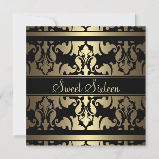 Gold Royal Damask Sweet16 Birthday Invite Kaart (Voorkant)