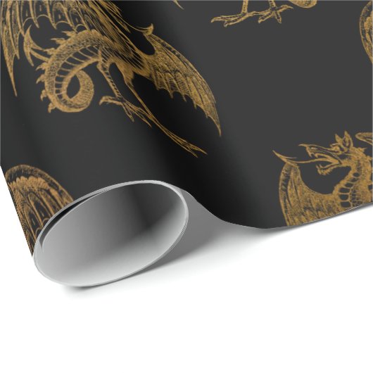 Gold Royal Dragon King Crown Black Noir Heraldic Cadeaupapier (Rol Hoek)