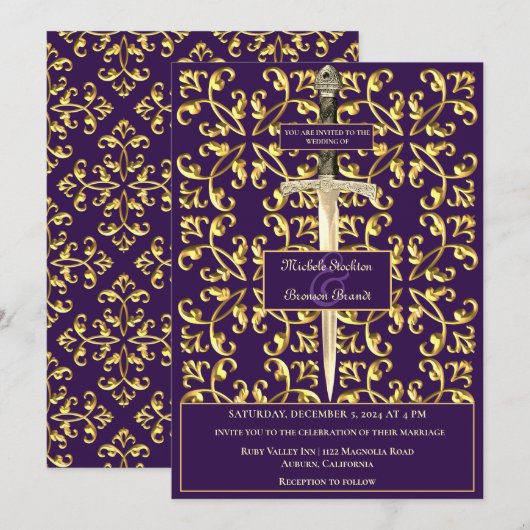 Gold & Royal Paarse bruiloft uitnodiging (Voorkant / Achterkant)