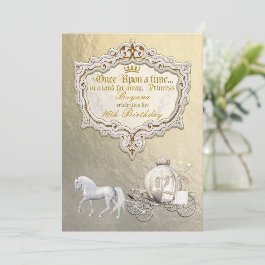 Gold Royal Princess Storybook Carriage & Unicorn Kaart (Staand voorkant)