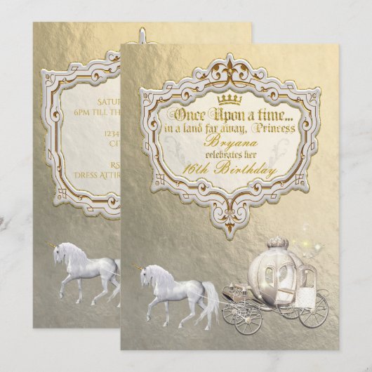 Gold Royal Princess Storybook Carriage & Unicorn Kaart (Voorkant / Achterkant)