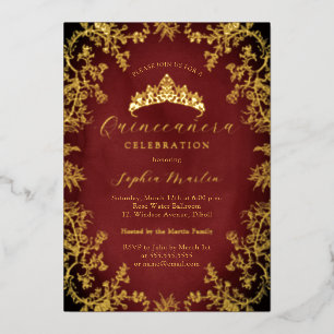 Gold Royal Red Elegant  Quinceanera Folie Uitnodiging