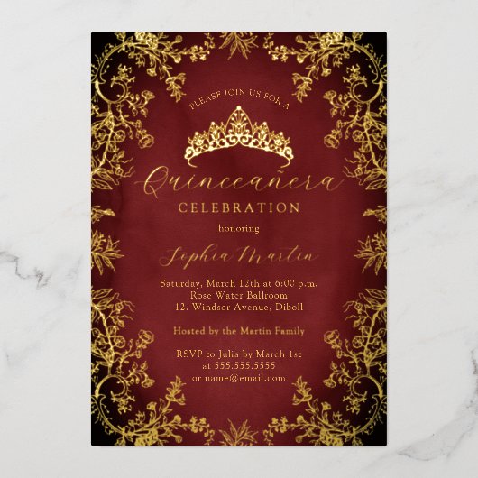 Gold Royal Red Elegant  Quinceanera Folie Uitnodiging (Voorkant)
