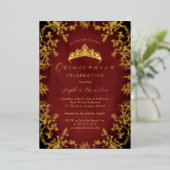 Gold Royal Red Elegant  Quinceanera Folie Uitnodiging (Staand Voorkant)