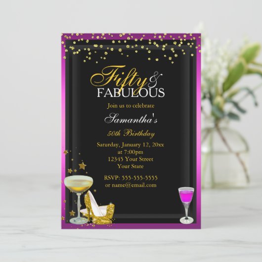 Gold & Roze 50 & Fabulous Birthday Invitation Kaart (Staand voorkant)