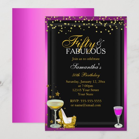 Gold & Roze 50 & Fabulous Birthday Invitation Kaart (Voorkant / Achterkant)