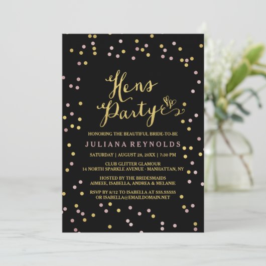 Gold & Roze Confetti Black Hens Party - Uitnodigin Kaart (Staand voorkant)