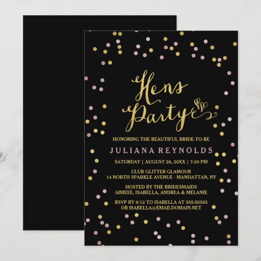 Gold & Roze Confetti Black Hens Party - Uitnodigin Kaart (Voorkant / Achterkant)