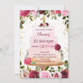 Gold & Roze Floral Cake 1e verjaardag Uitnodiging (Voorkant)