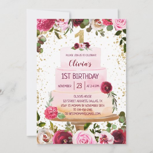 Gold & Roze Floral Cake 1e verjaardag Uitnodiging (Voorkant)