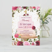 Gold & Roze Floral Cake 1e verjaardag Uitnodiging (Staand voorkant)