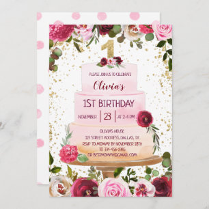 Gold & Roze Floral Cake 1e verjaardag Uitnodiging