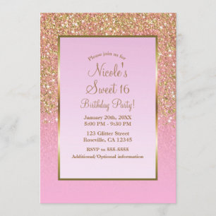 Gold & Roze Glitter Glam Shine Sweet 16 Party Kaart