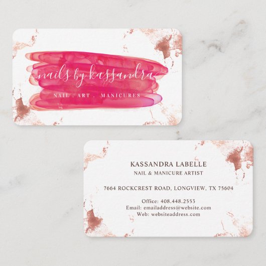 Gold & Roze Nail Poolse penseelstreek- & Script-na Visitekaartje (Voorkant / Achterkant)